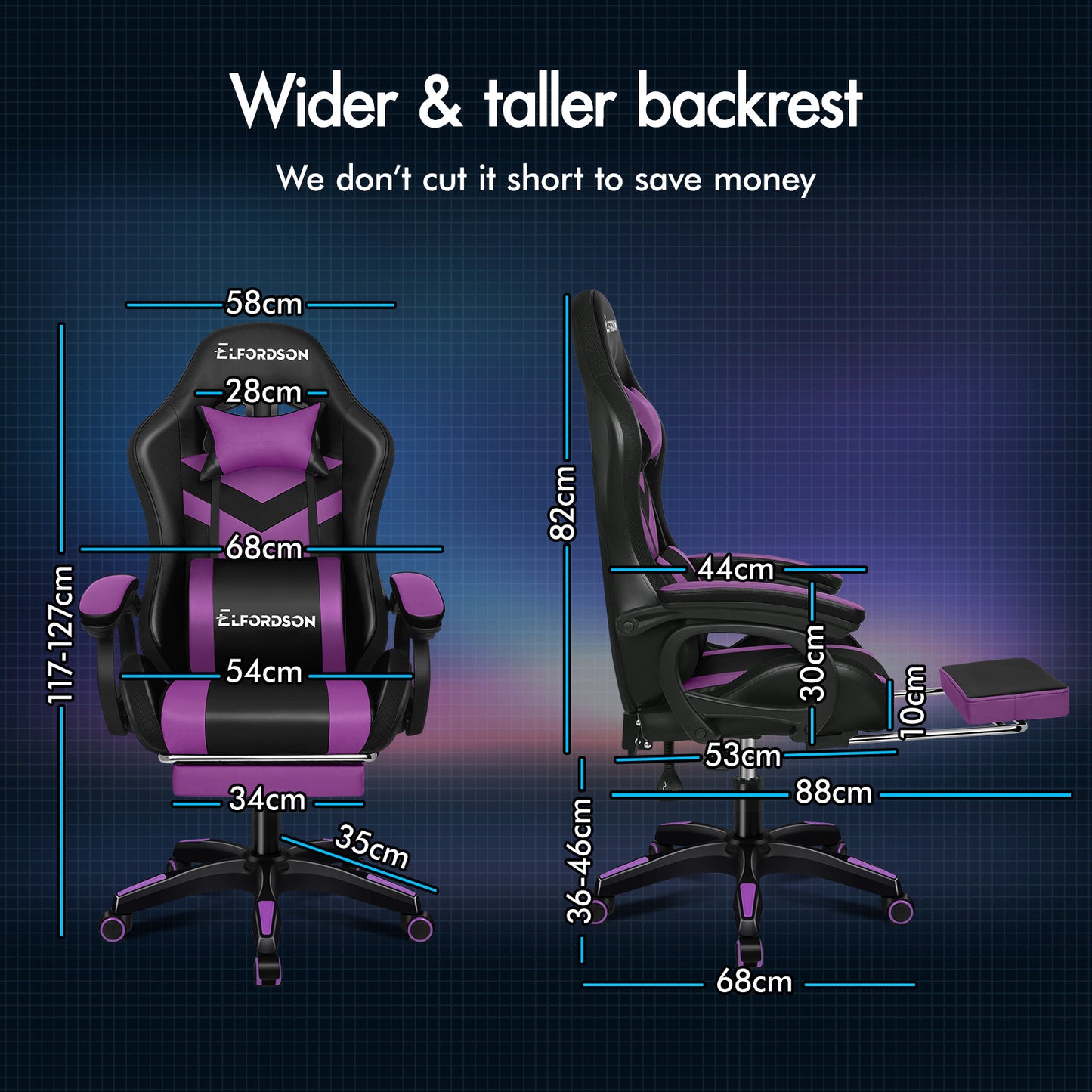 ELFORDSON Gaming Chair with RGB LED Light 8-Point Massage, Purple