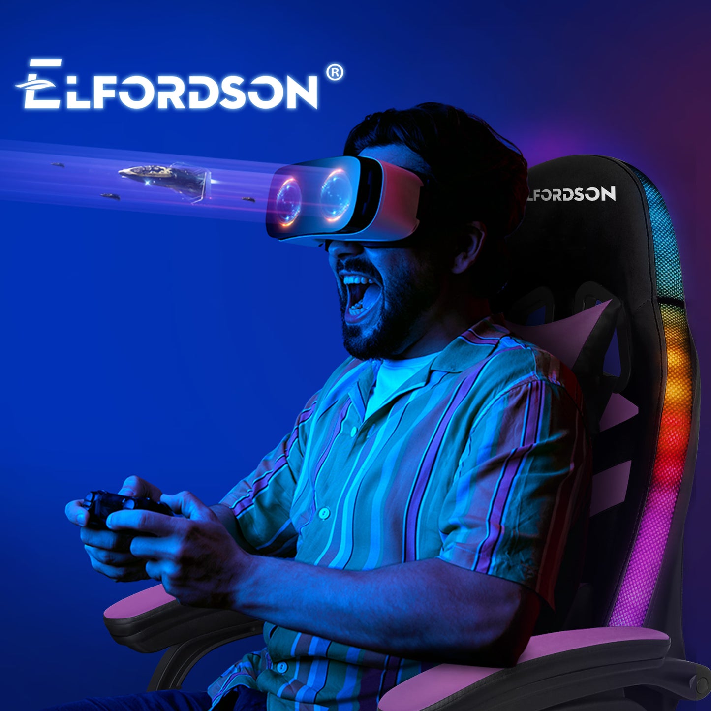 ELFORDSON Gaming Chair with RGB LED Light 8-Point Massage, Purple