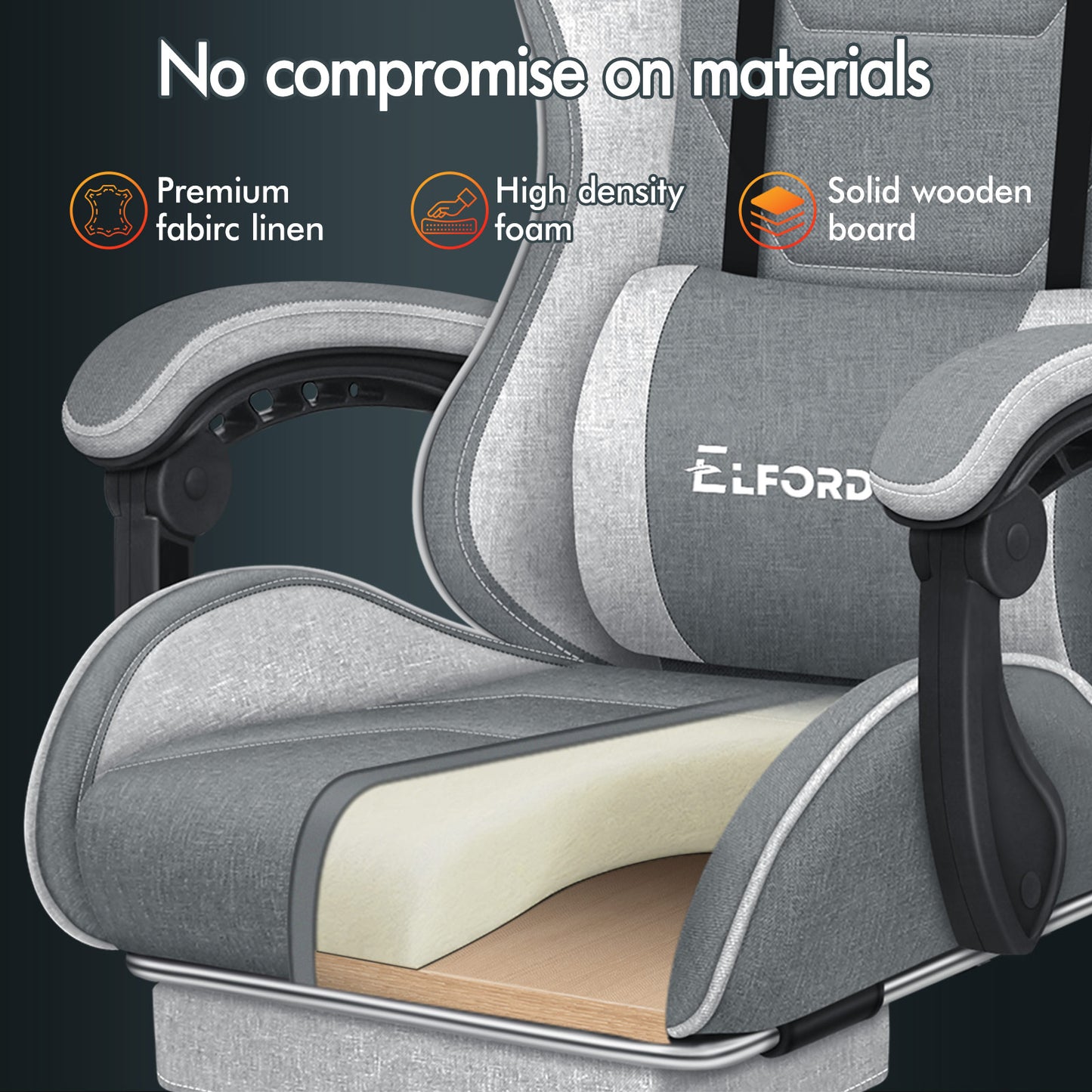 ELFORDSON Gaming Chair with 2-Point Massage Lumbar Cushion, 150° Reclining, Fabric, Light Grey