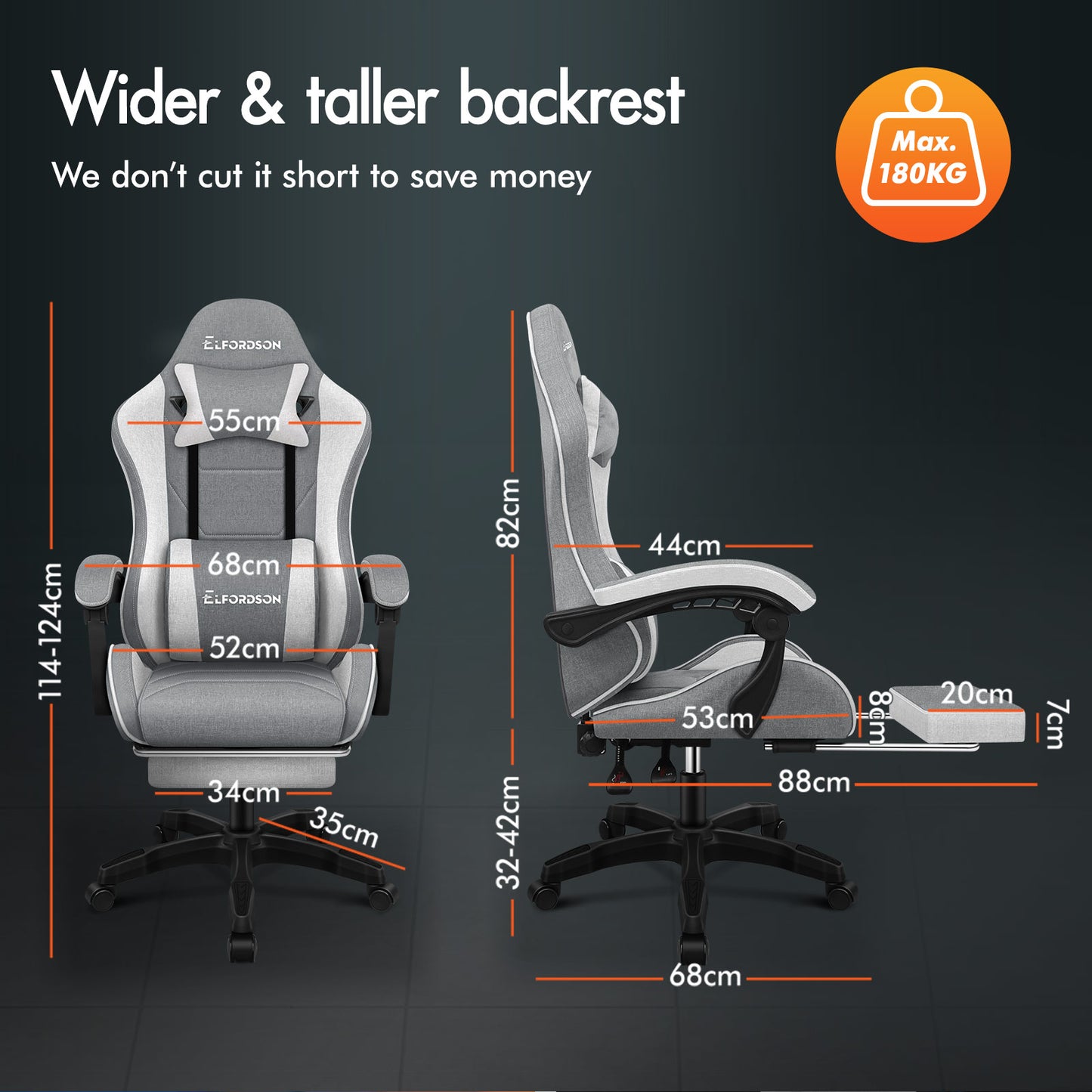 ELFORDSON Gaming Chair with 2-Point Massage Lumbar Cushion, 150° Reclining, Fabric, Light Grey
