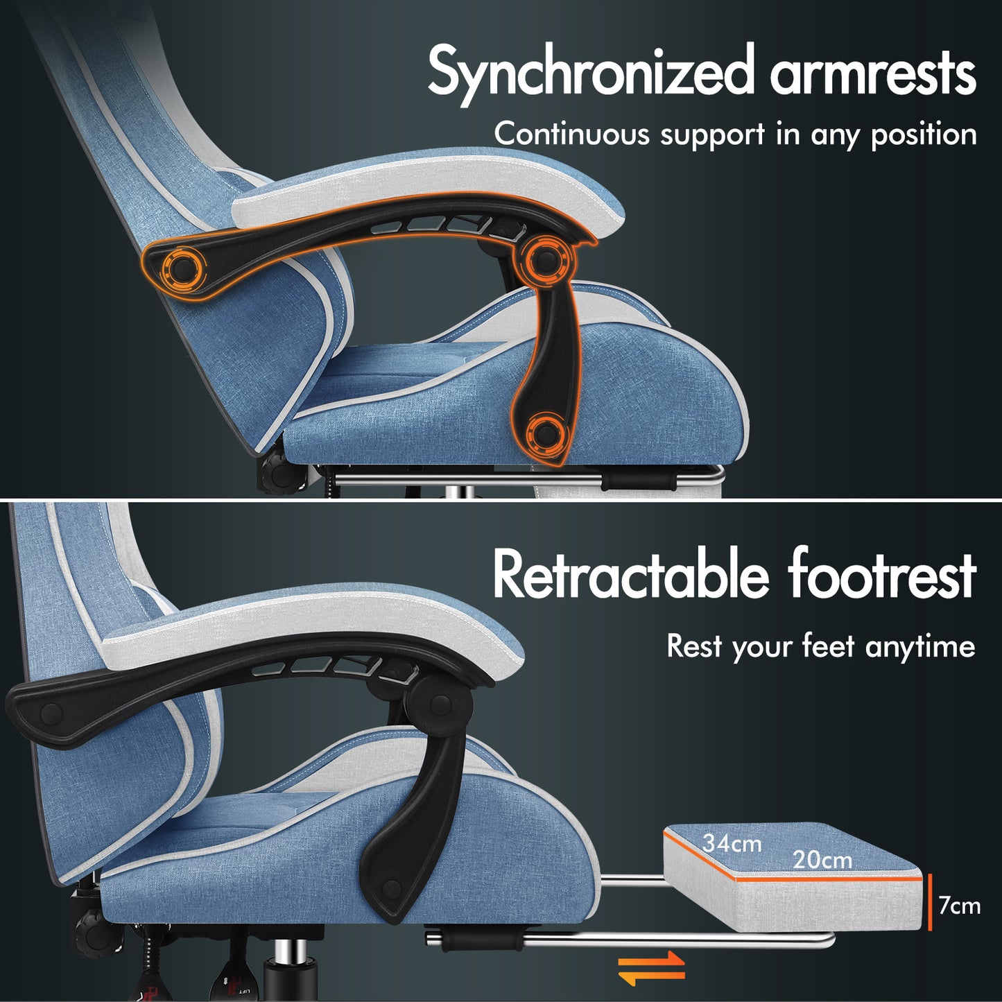 ELFORDSON Gaming Chair with 2-Point Massage Lumbar Cushion, 150° Reclining, Fabric, Blue