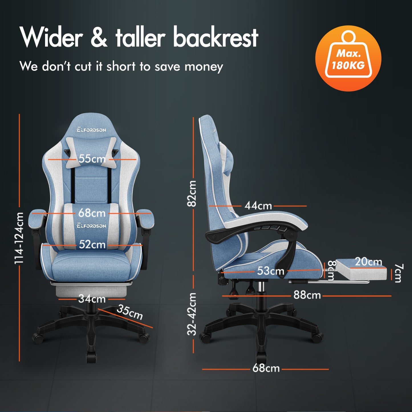 ELFORDSON Gaming Chair with 2-Point Massage Lumbar Cushion, 150° Reclining, Fabric, Blue