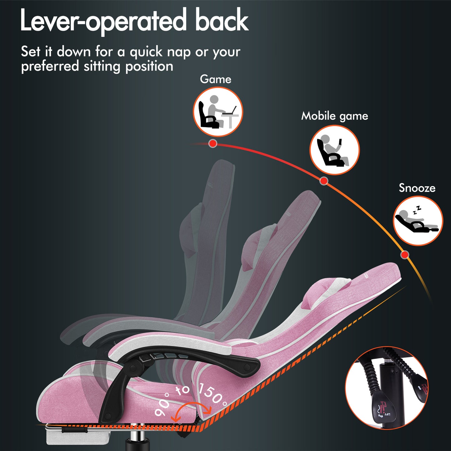 ELFORDSON Gaming Chair with 2-Point Massage Lumbar Cushion, 150° Reclining, Fabric, Pink