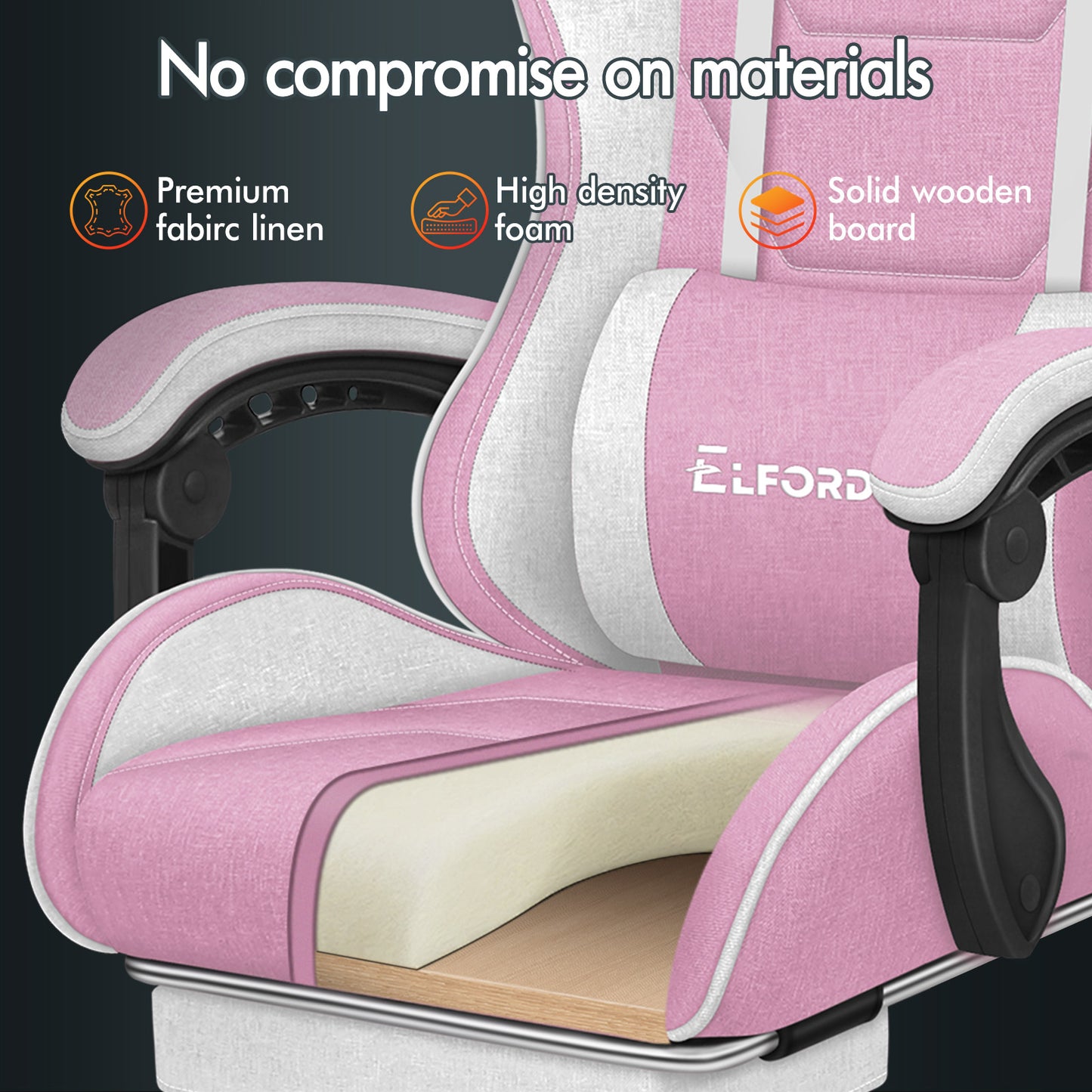 ELFORDSON Gaming Chair with 2-Point Massage Lumbar Cushion, 150° Reclining, Fabric, Pink
