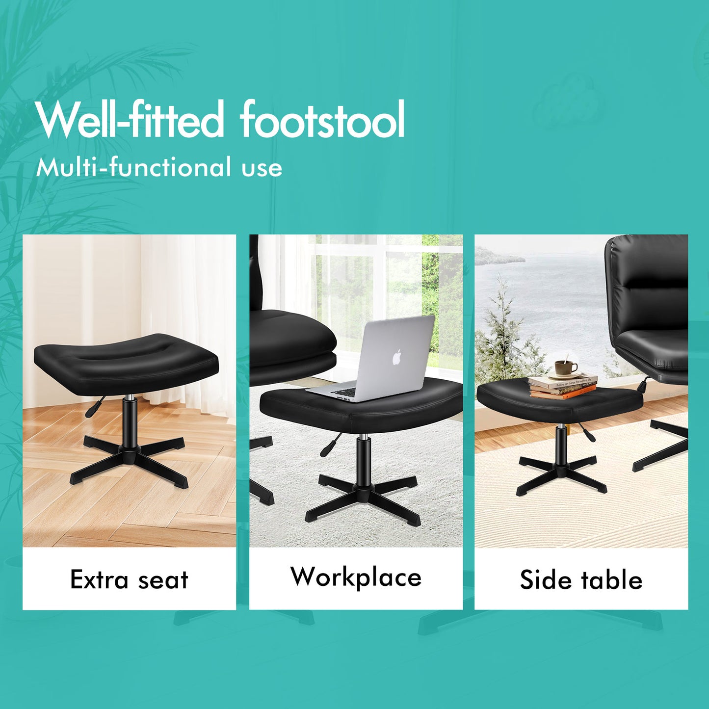 ELFORDSON Office Chair Computer Cross-legged Seat Work Ottoman PU Leather Black