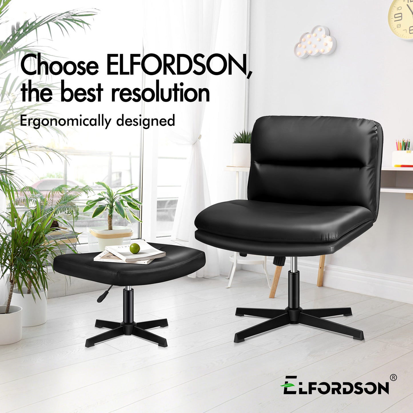 ELFORDSON Office Chair Computer Cross-legged Seat Work Ottoman PU Leather Black