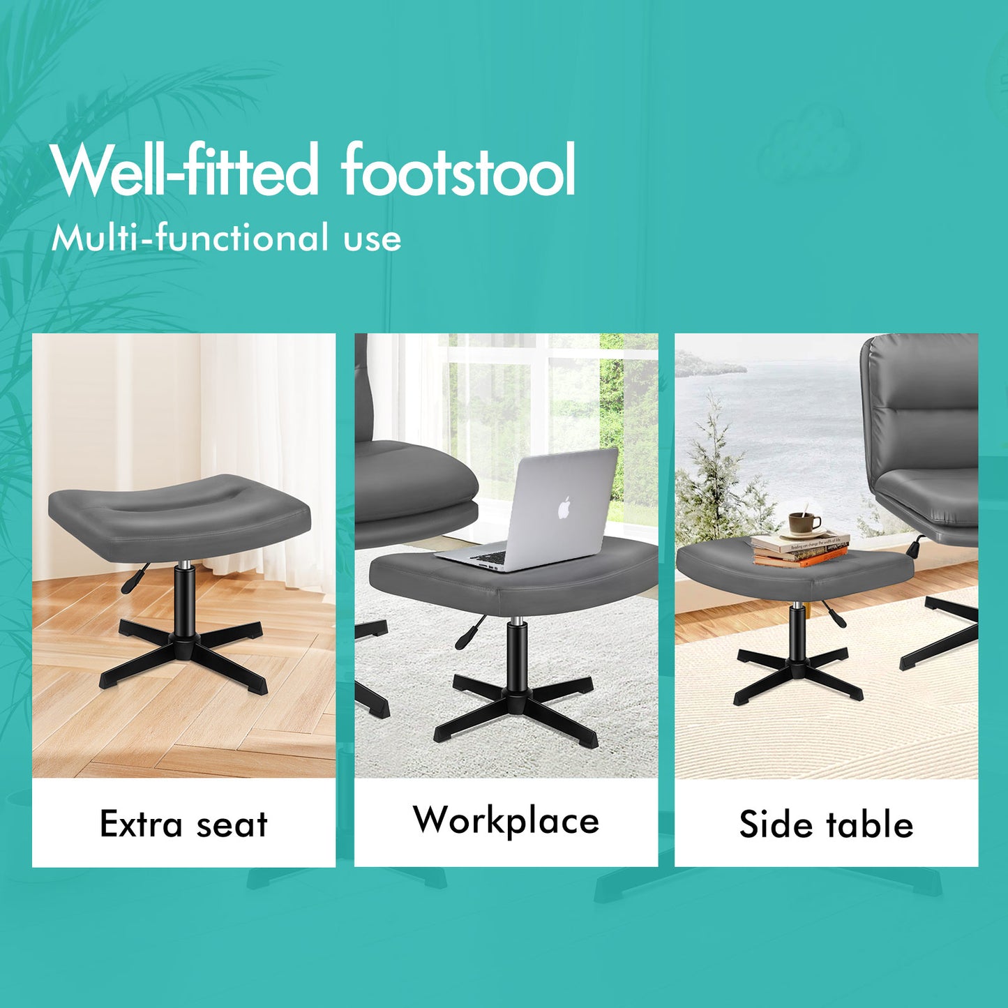 ELFORDSON Office Chair Computer Cross-legged Seat Work Ottoman PU Leather Grey