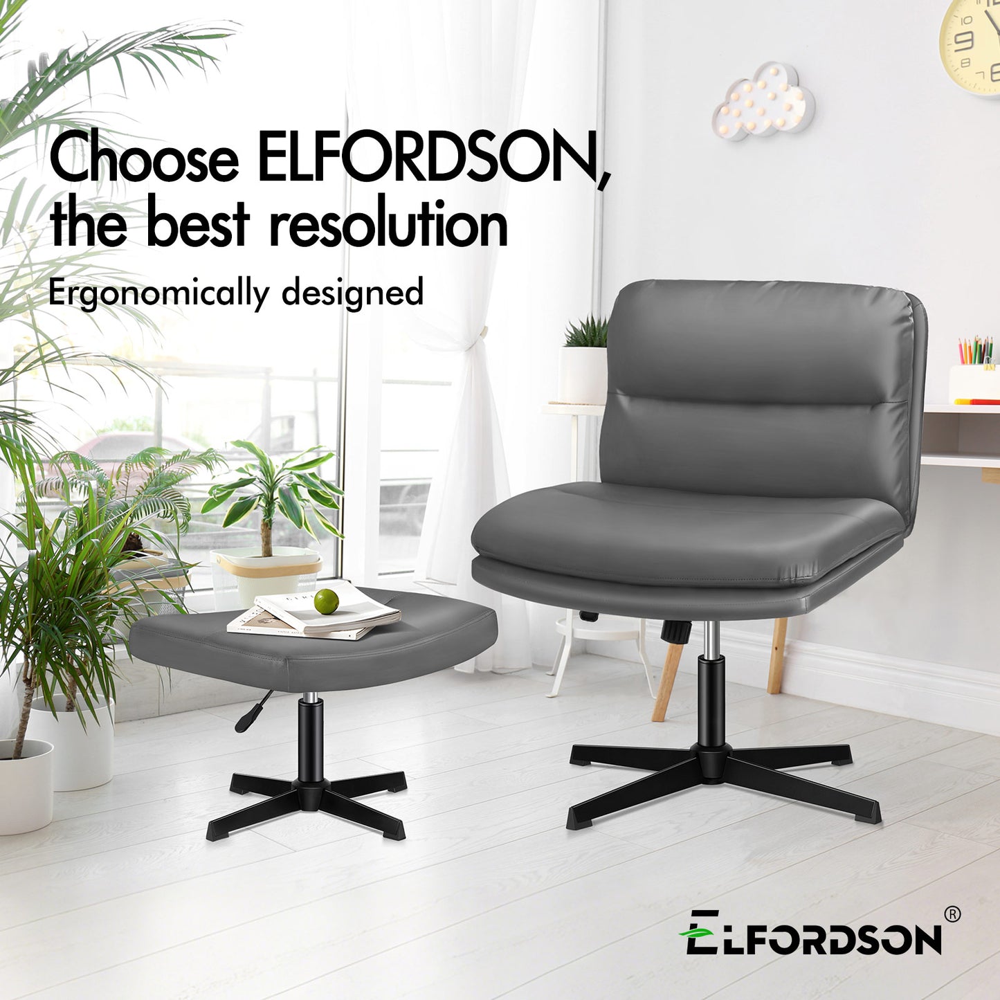 ELFORDSON Office Chair Computer Cross-legged Seat Work Ottoman PU Leather Grey