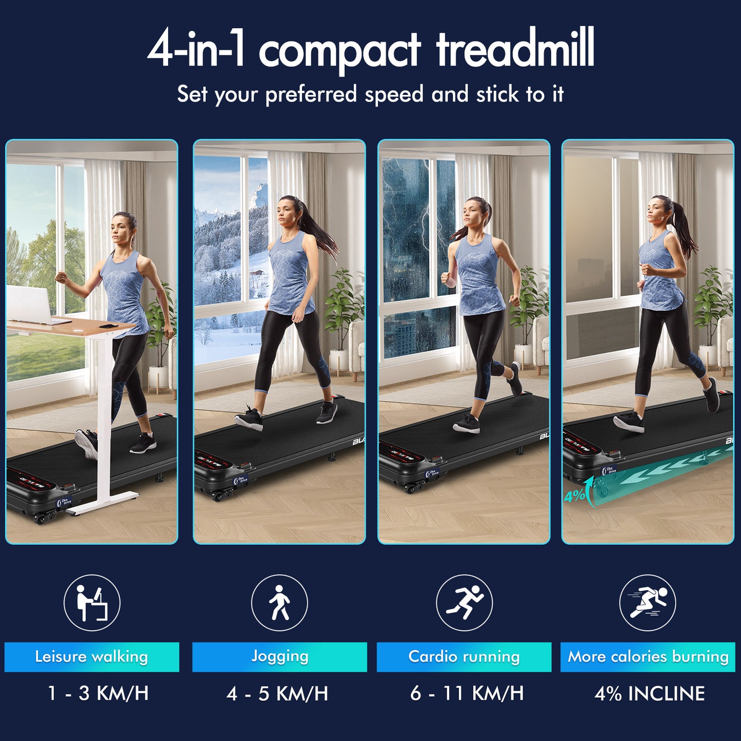 BLACK LORD Treadmill Electric Walking Pad Incline Shock Absorbers Gym Black