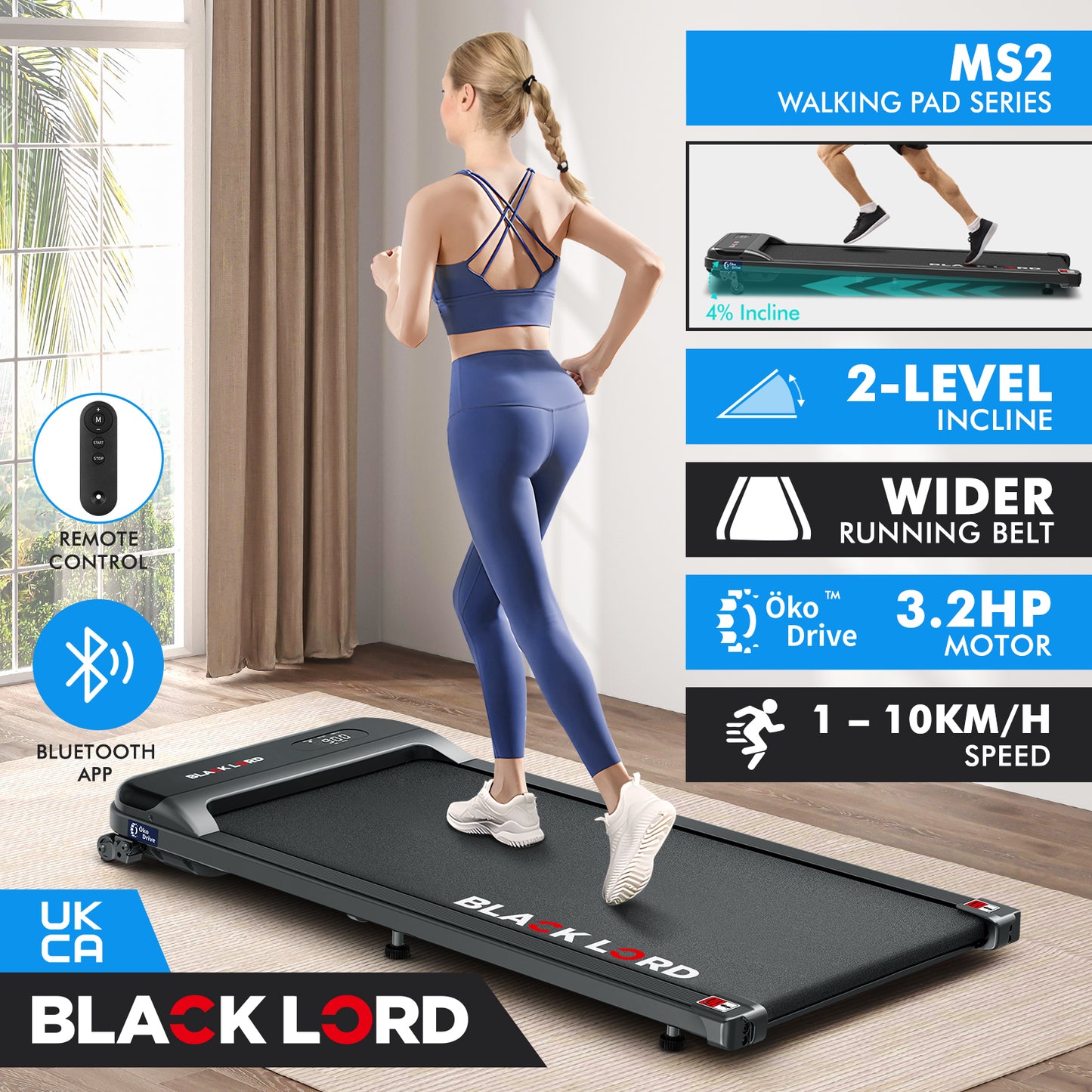 BLACK LORD Treadmill Electric Walking Pad Home Office Gym Fitness Incline MS2