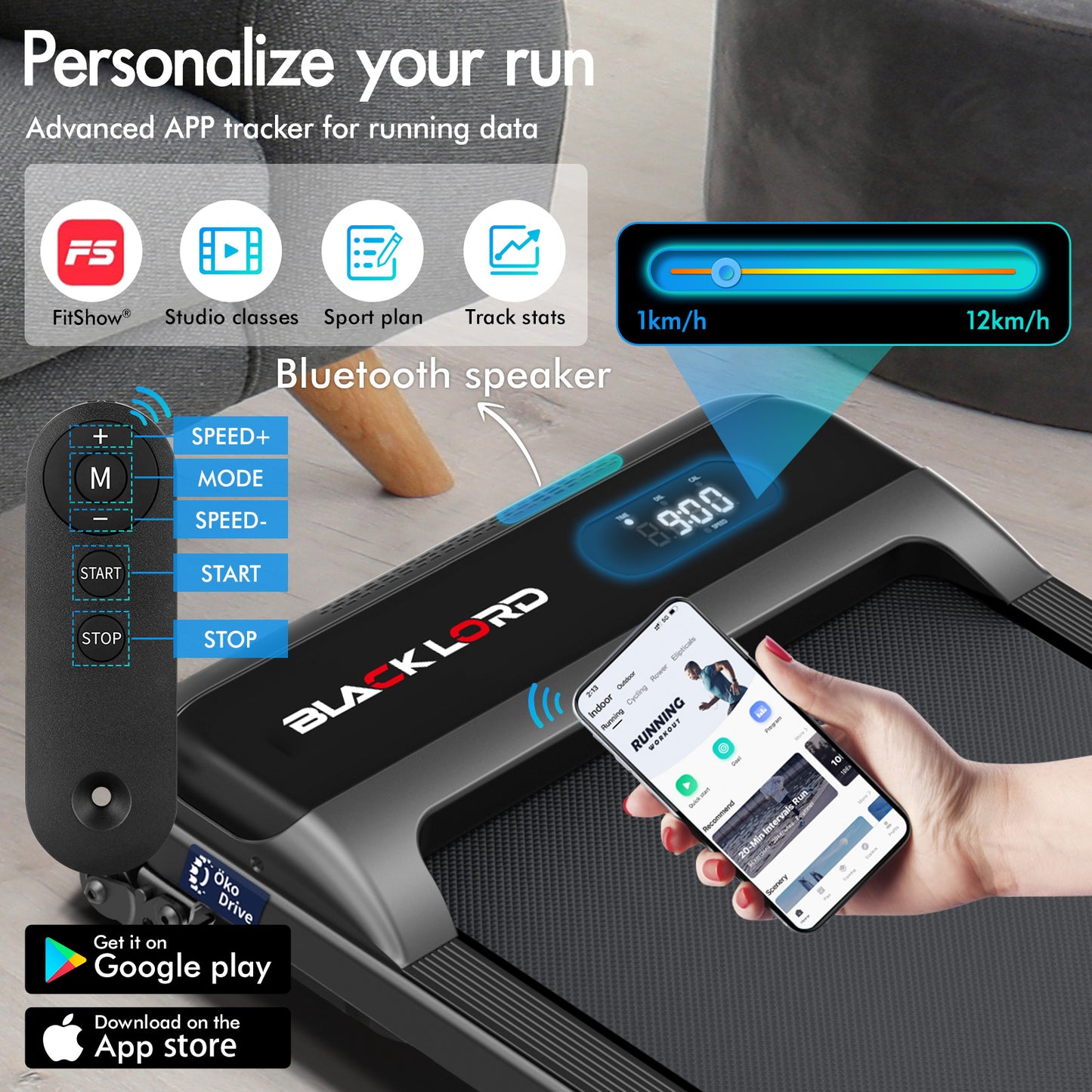 BLACK LORD Treadmill Electric Walking Pad Home Office Gym Fitness Incline MS2