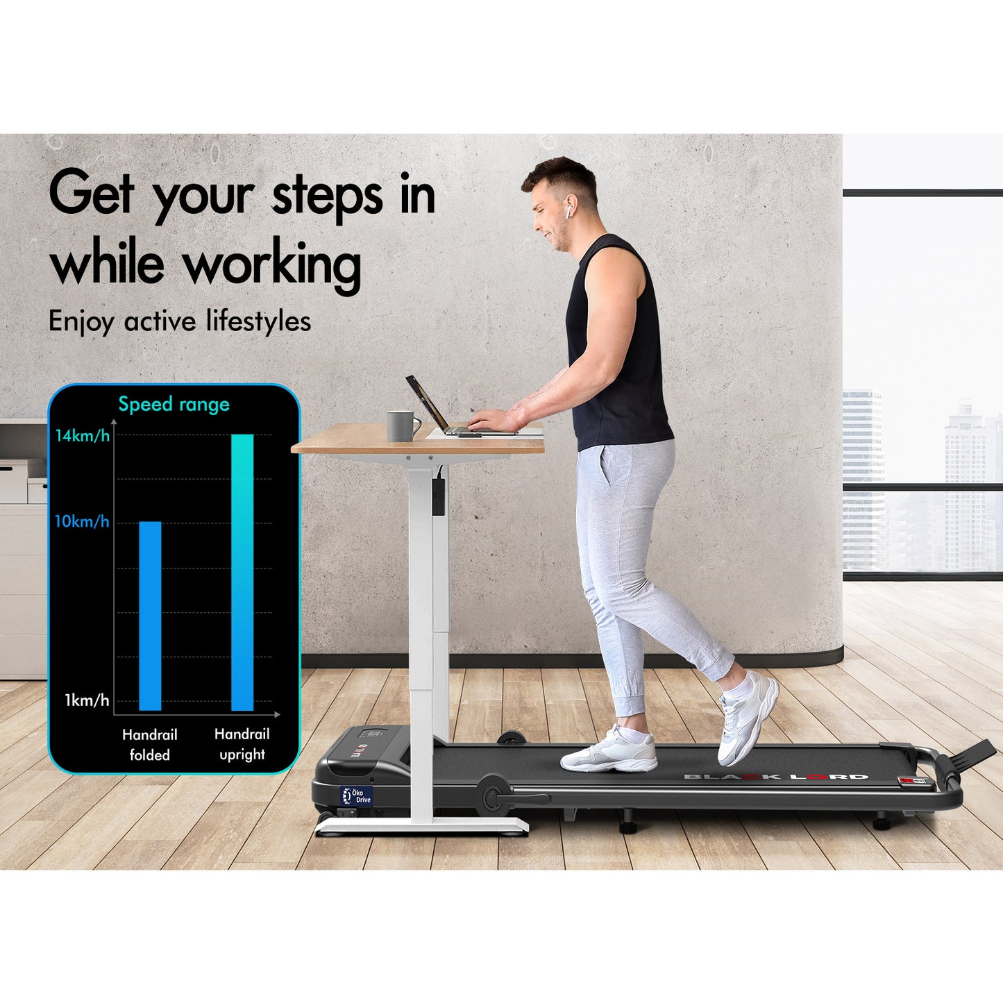 BLACK LORD Treadmill Electric Walking Pad Home Office Incline Foldable Black