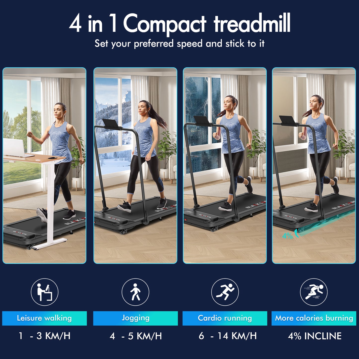 BLACK LORD Treadmill Electric Walking Pad Home Office Incline Foldable Black