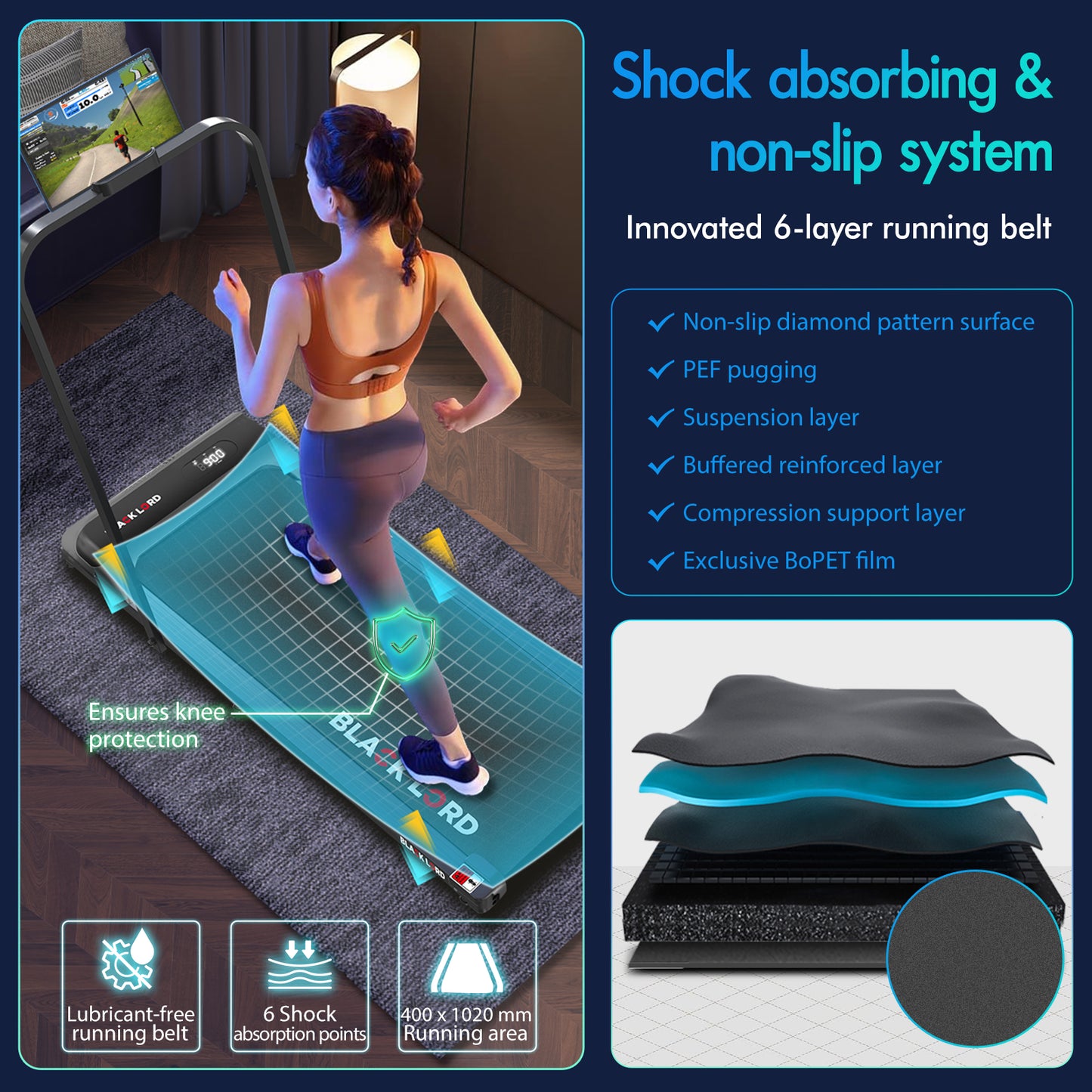 BLACK LORD Treadmill Electric Walking Pad Home Office Incline Foldable Black