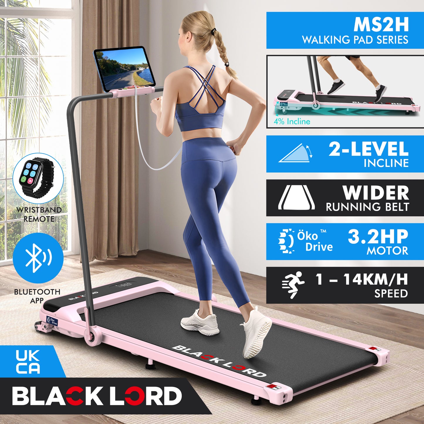 BLACK LORD Treadmill Electric Walking Pad Home Office Incline Foldable Pink