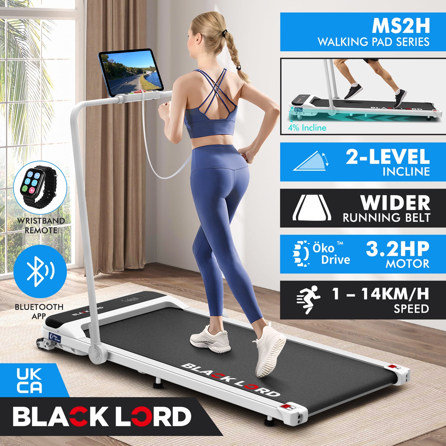 BLACK LORD Treadmill Electric Walking Pad Home Office Incline Foldable White