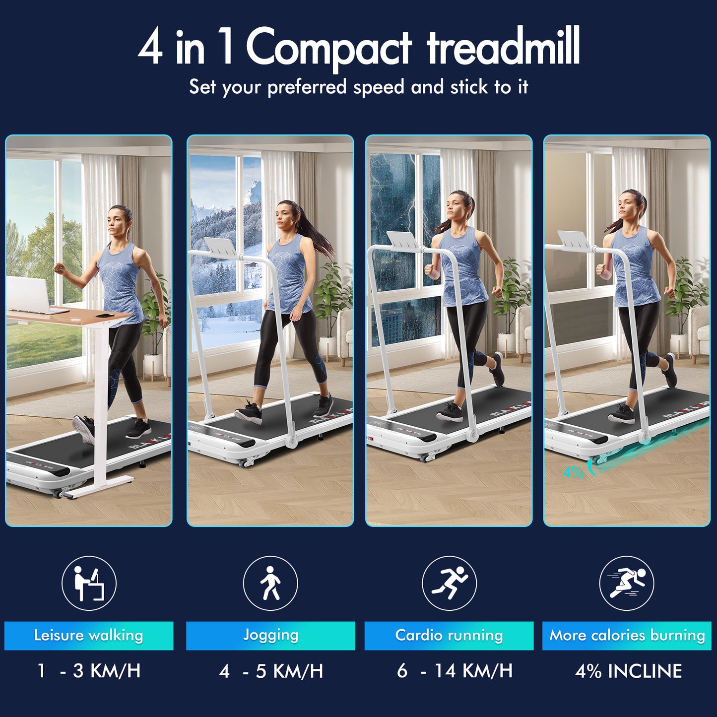 BLACK LORD Treadmill Electric Walking Pad Home Office Incline Foldable White