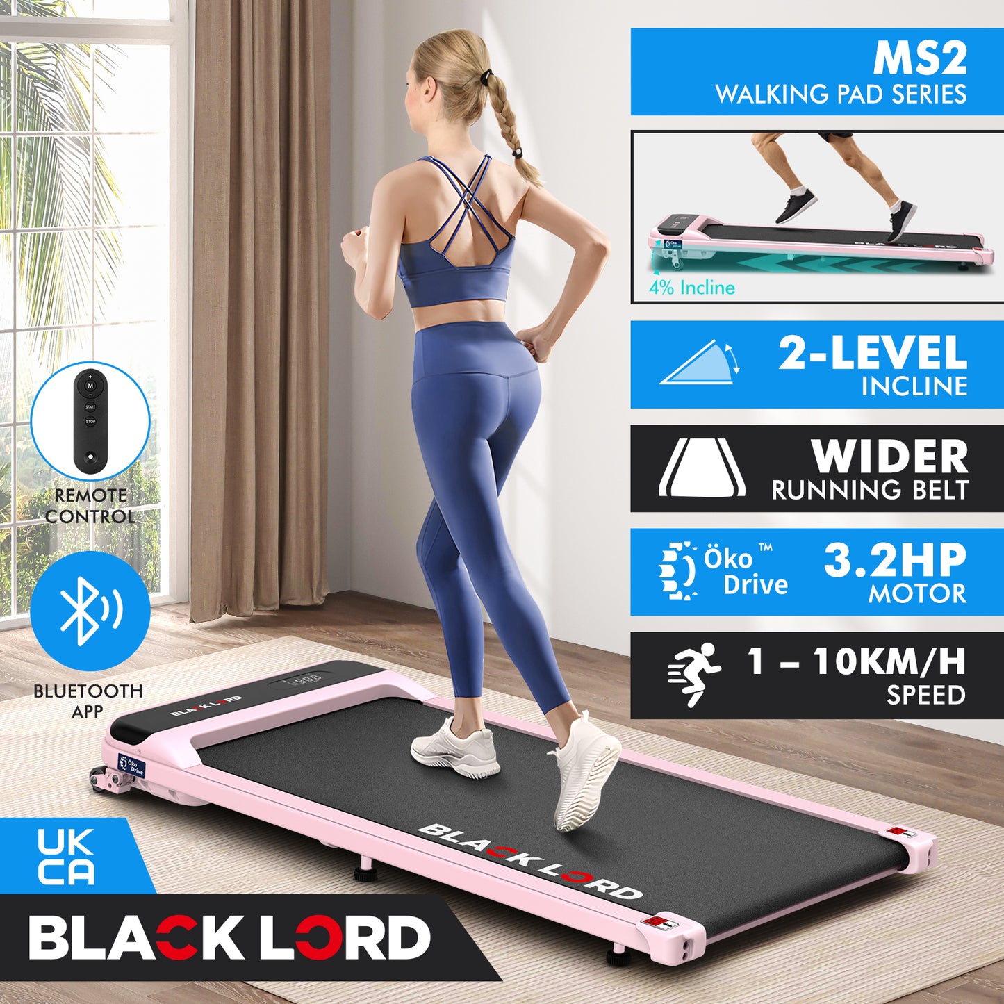 BLACK LORD Treadmill Electric Walking Pad Home Office Gym Fitness Incline MS2