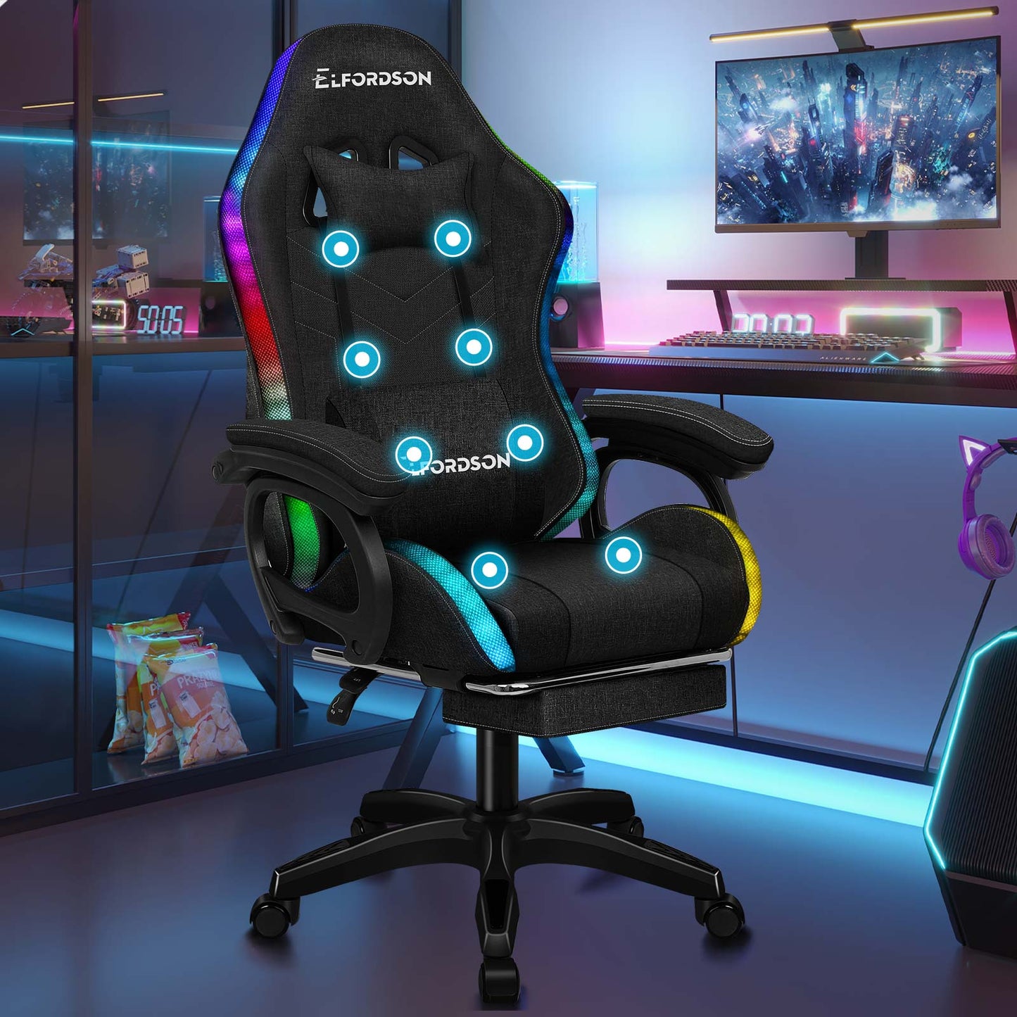 ELFORDSON Gaming Chair Office 12 RGB LED Massage Computer Seat Fabric Black