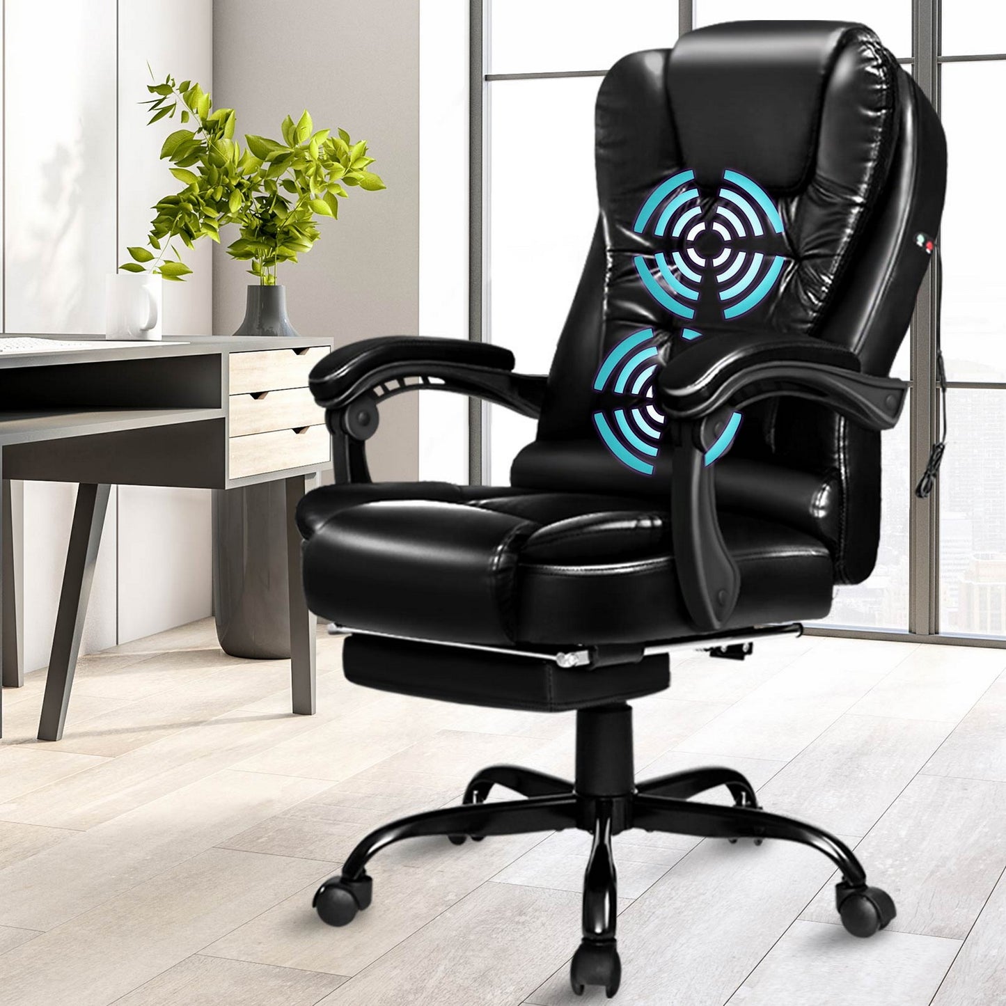 ELFORDSON Massage Office Chair with Footrest Executive Gaming PU Leather Glossy Black