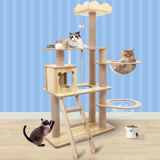 Cat Tree Tower Scratching Post Wood Scratcher Condo House Bed 141cm