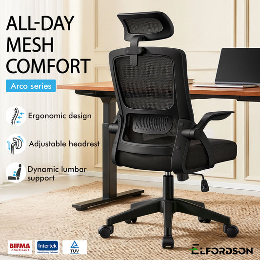 ELFORDSON Mesh Office Chair Executive Fabric Seat Tilt Computer All Black