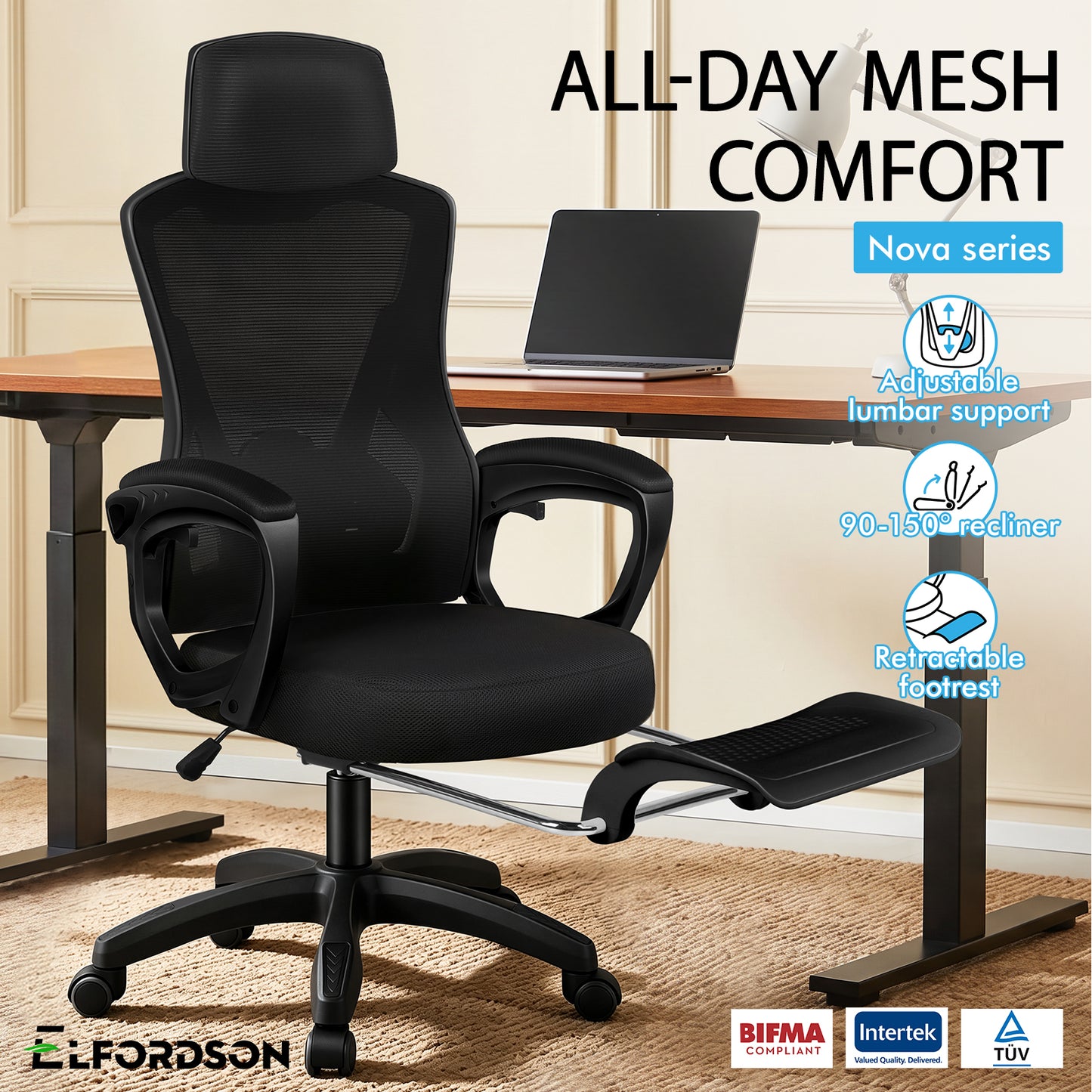 ELFORDSON Mesh Office Chair Racing Executive Fabric Seat Recliner All Black