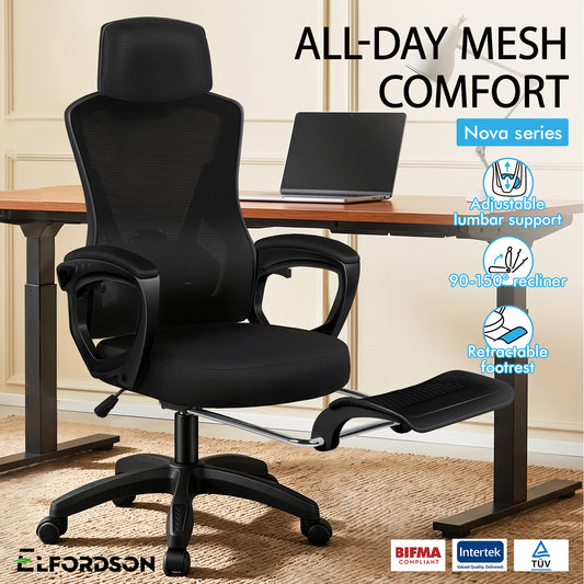 ELFORDSON Mesh Office Chair Racing Executive Fabric Seat Recliner All Black