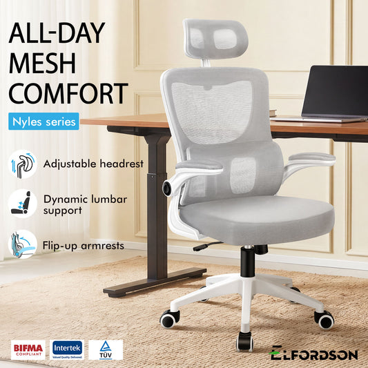 ELFORDSON Mesh Office Chair Executive Computer Fabric Tilt Grey and White