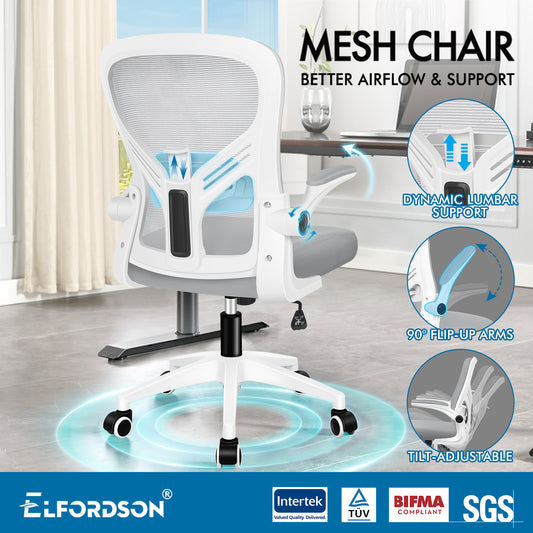 ELFORDSON Mesh Office Chair Executive Tilt Fabric Computer Work Grey and White