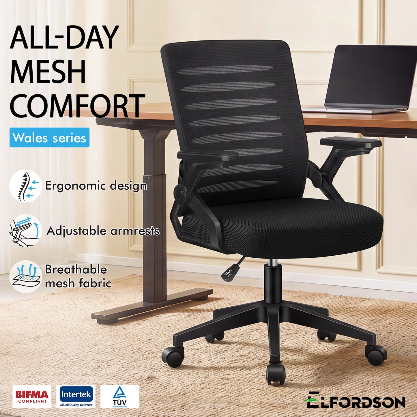 ELFORDSON Mesh Office Chair Executive Computer Seat Work All Black
