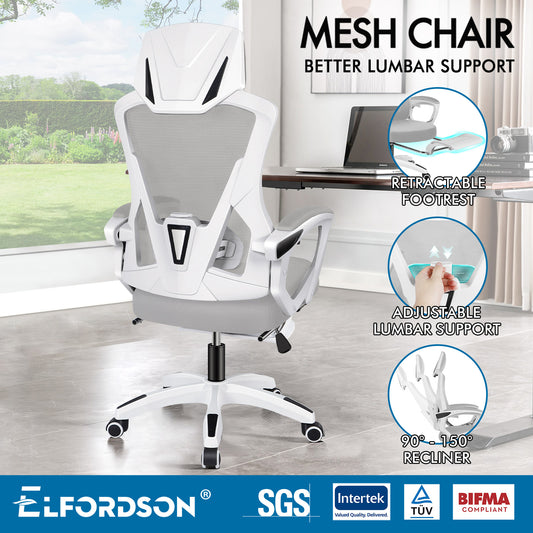 ELFORDSON Mesh Office Chair Racing Executive Fabric Seat Recliner Grey and White