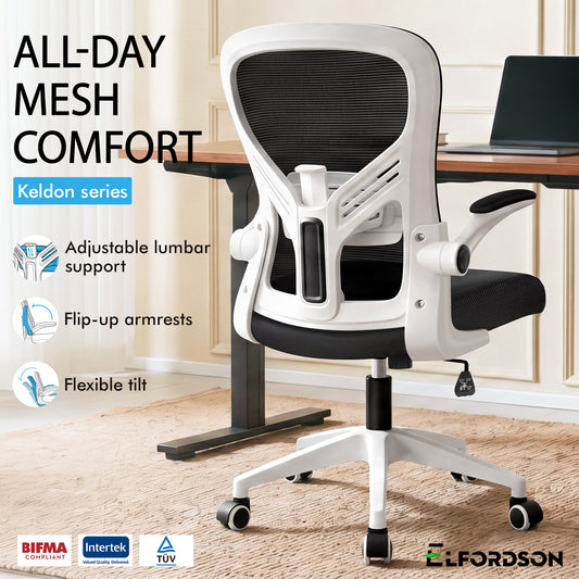 ELFORDSON Mesh Office Chair Executive Tilt Fabric Computer Work Black and White