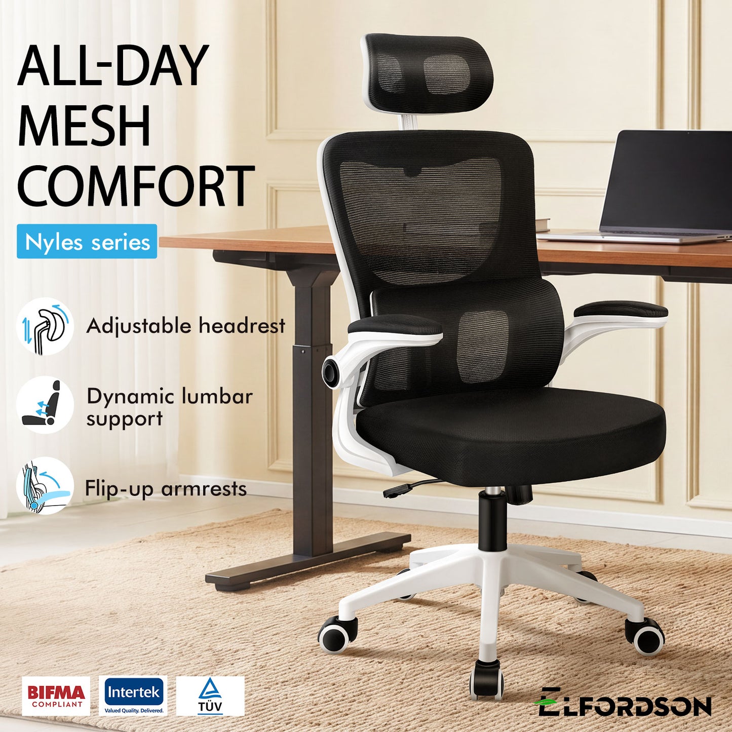 ELFORDSON Mesh Office Chair Executive Computer Fabric Tilt Black and White
