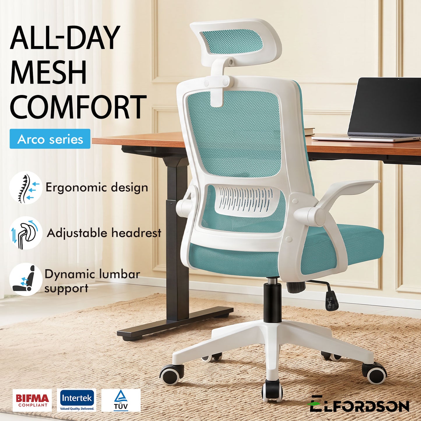 ELFORDSON Mesh Office Chair Executive Fabric Seat Tilt Computer Cyan