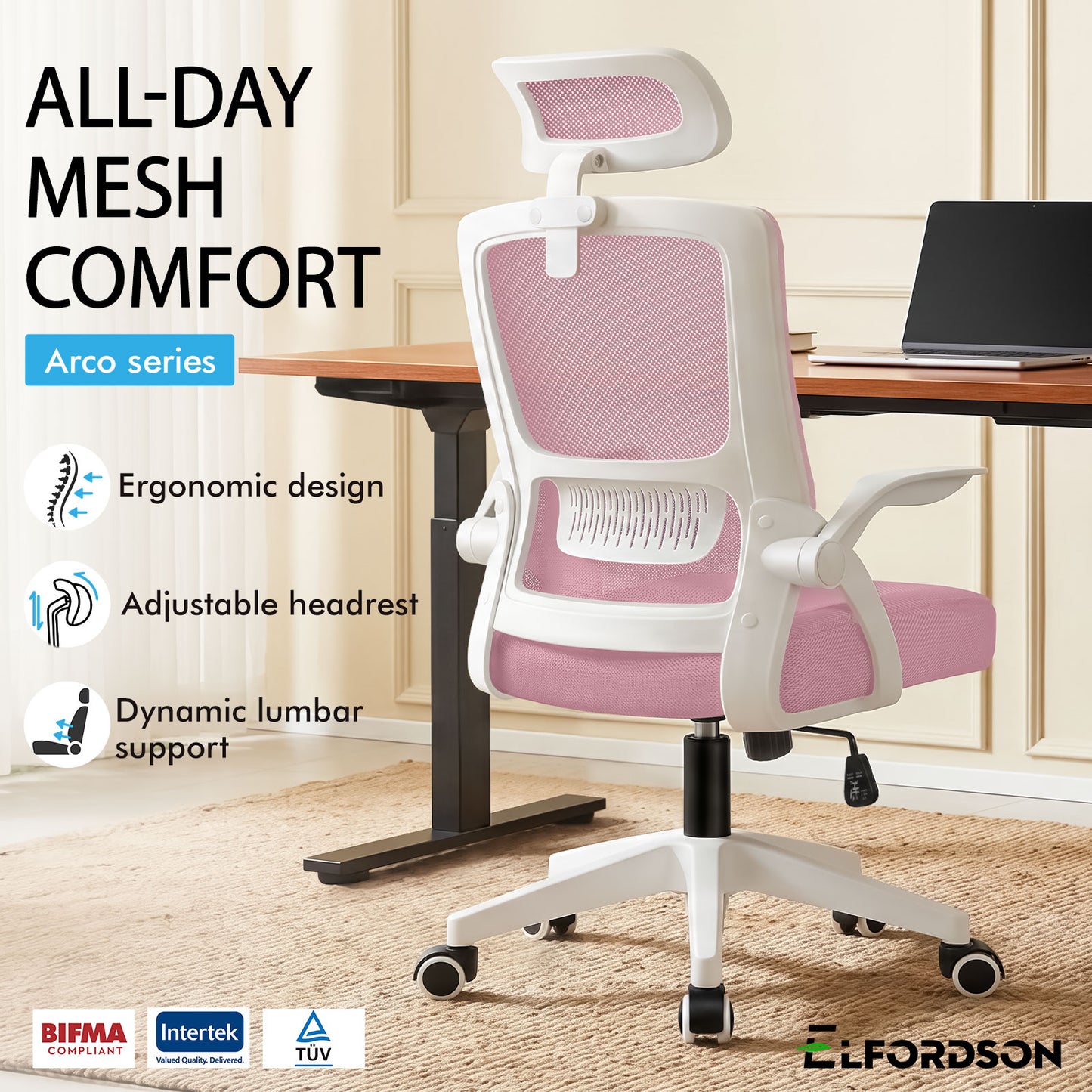 ELFORDSON Mesh Office Chair Executive Fabric Seat Tilt Computer Pink