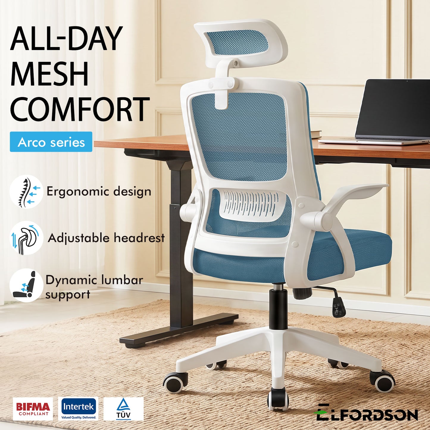 ELFORDSON Mesh Office Chair Executive Fabric Seat Tilt Computer Blue