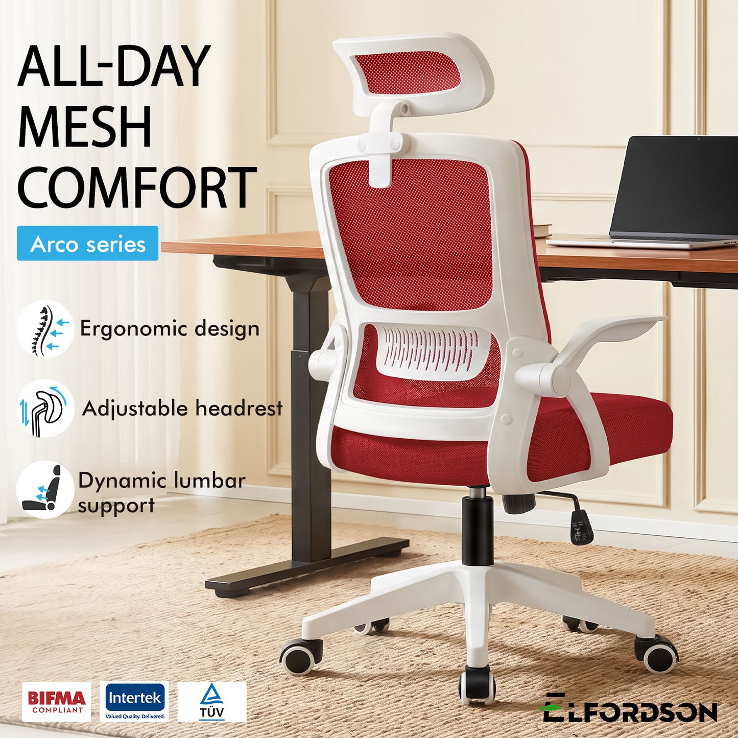 ELFORDSON Mesh Office Chair Executive Fabric Seat Tilt Computer Red