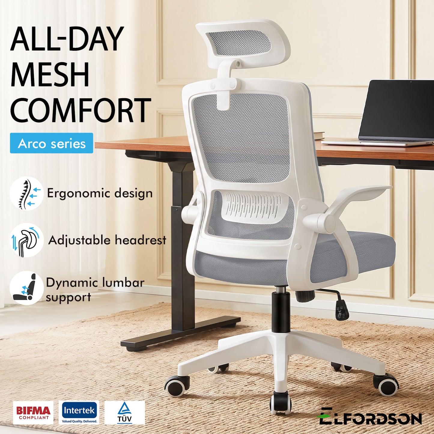 ELFORDSON Mesh Office Chair Seat Tilt Fabric Gaming Racing Computer Light Grey