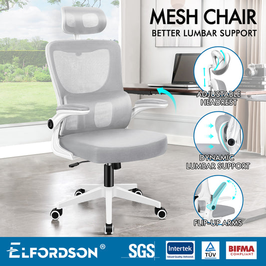 ELFORDSON Mesh Office Chair Executive Computer Fabric Tilt Grey and White