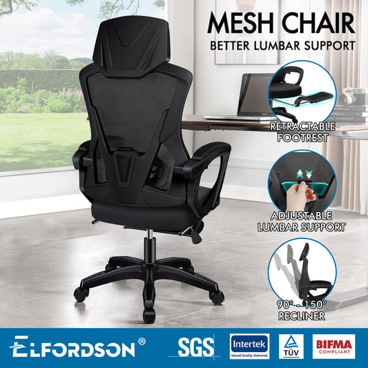 ELFORDSON Mesh Office Chair Racing Executive Fabric Seat Recliner All Black