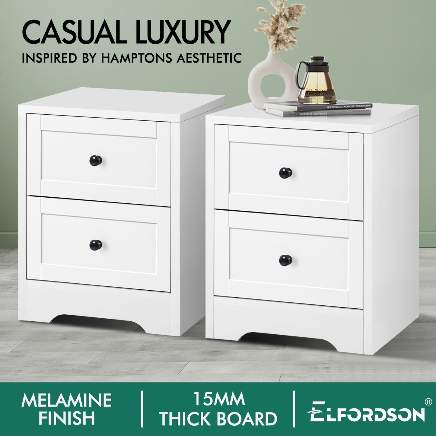 ELFORDSON Bedside Table 2 Drawers Wooden Storage Cabinet Chest Shelf Nightstand