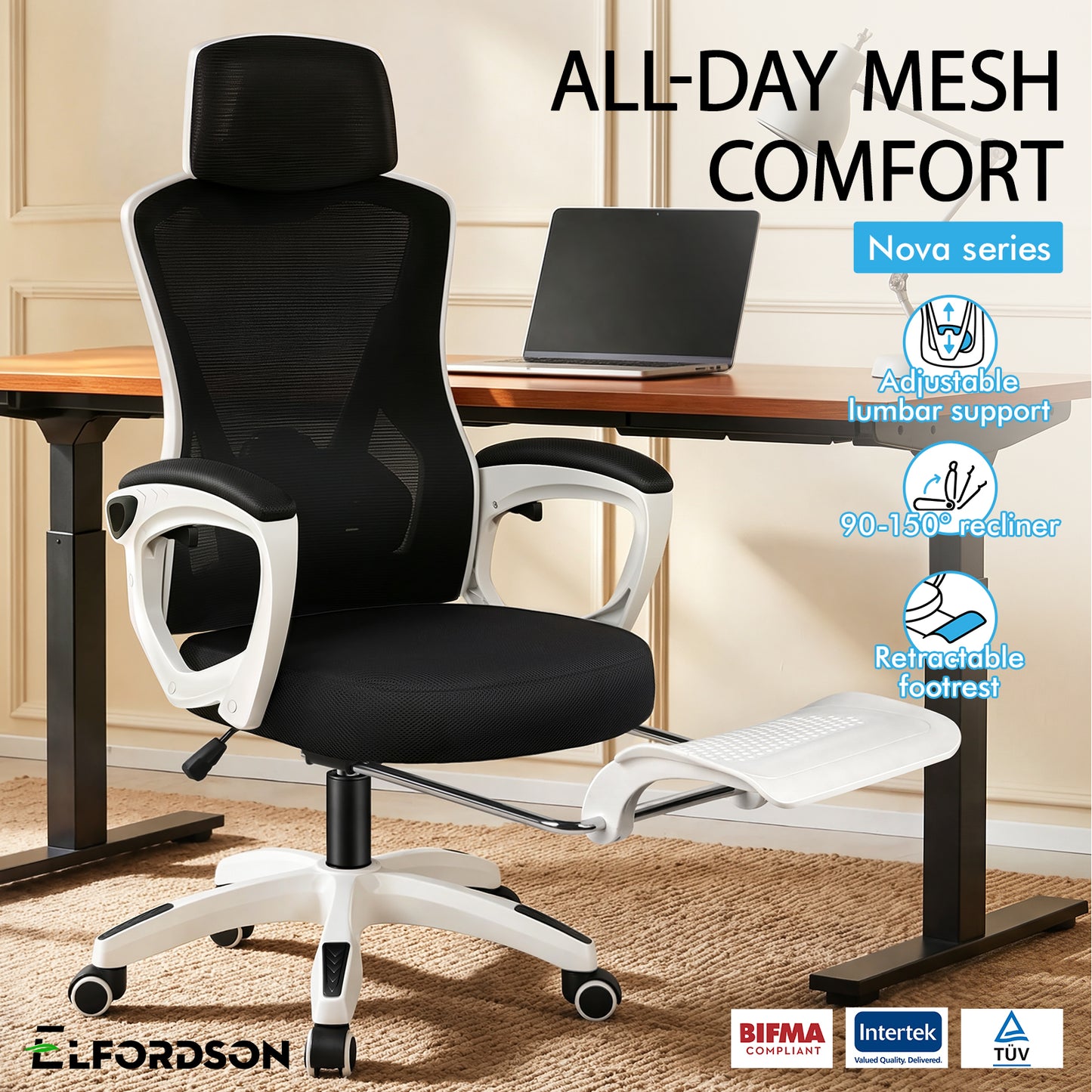 ELFORDSON Mesh Office Chair Racing Executive Fabric Seat Recliner White and Black