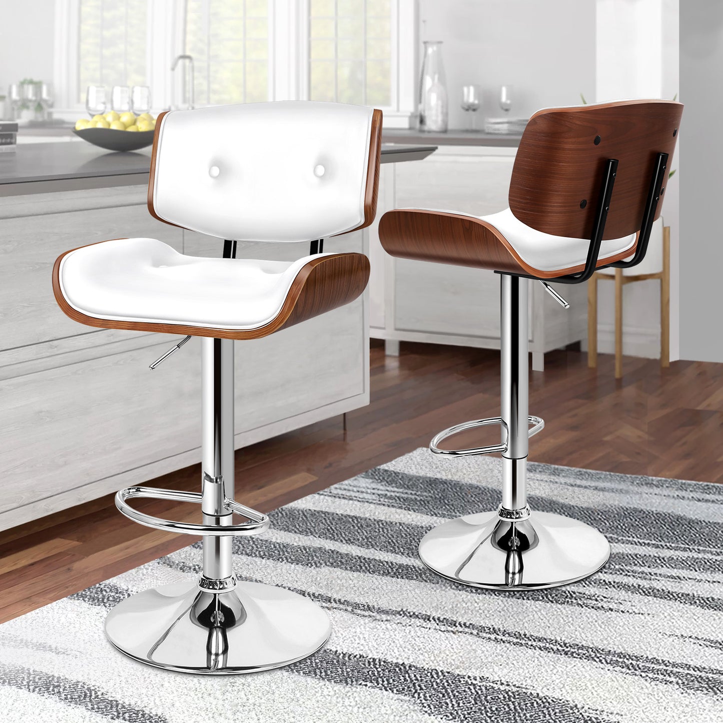 ALFORDSON 2xBar Stools, Wooden, 360° Swivel PU Leather, White