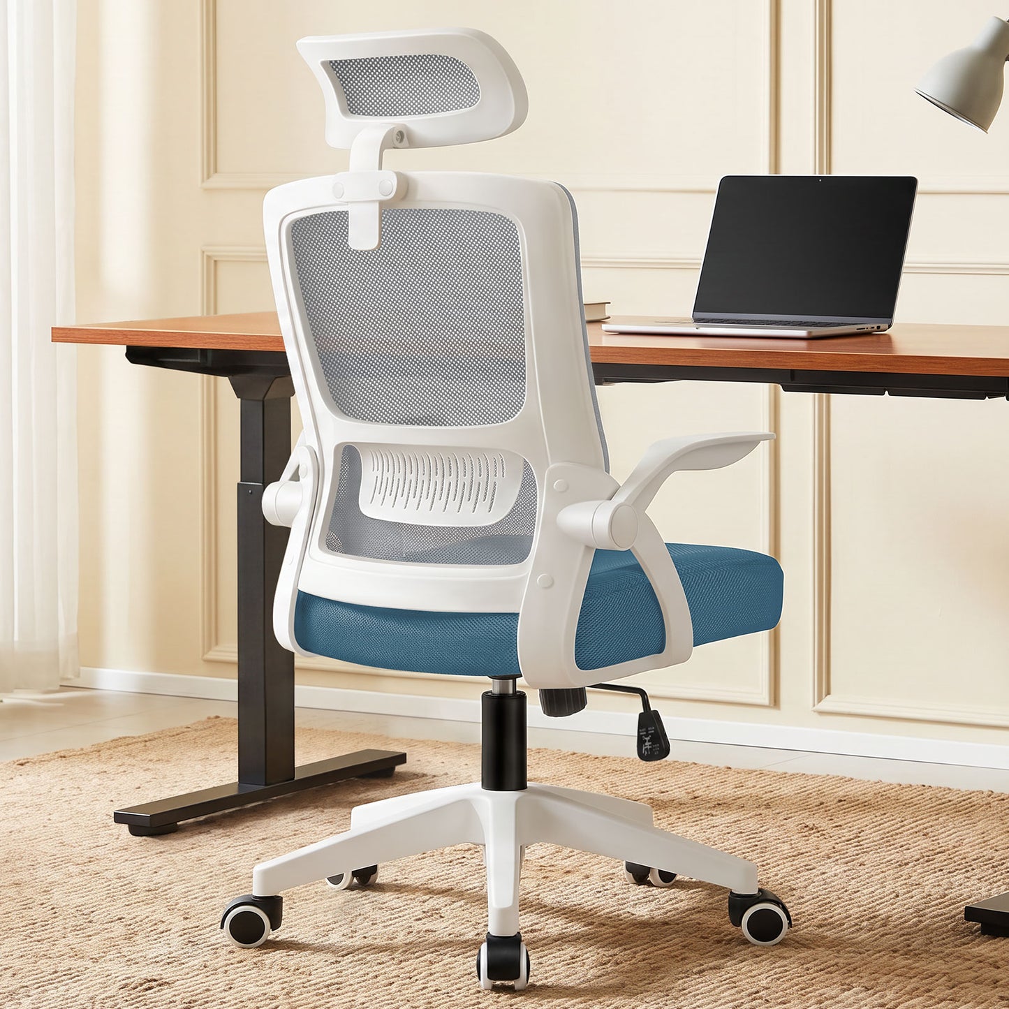 ELFORDSON Mesh Office Chair Executive Fabric Seat Tilt Computer Blue and Grey
