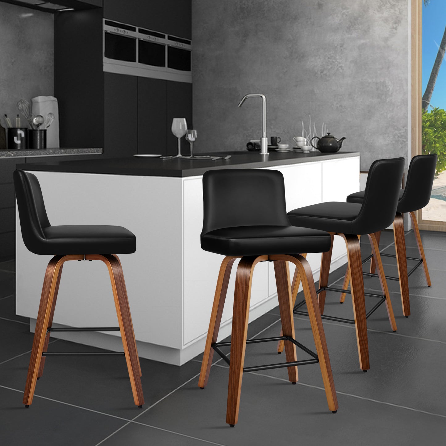 ALFORDSON 4x Swivel Bar Stools Bailey Kitchen Wooden Dining Chair BLACK