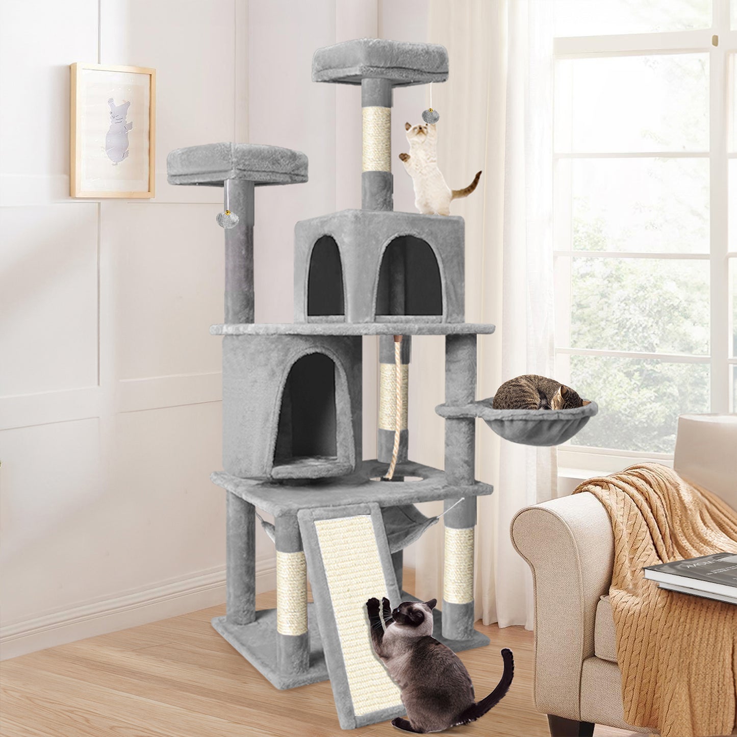 Cat Tree with Hammock Scratching Post Light Grey 161cm