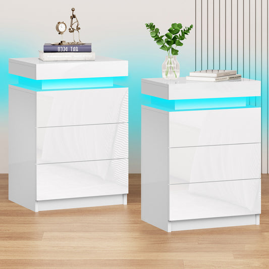 ELFORDSON Bedside Table 3 Drawer LED Storage Cabinet Chest High Gloss Nightstand