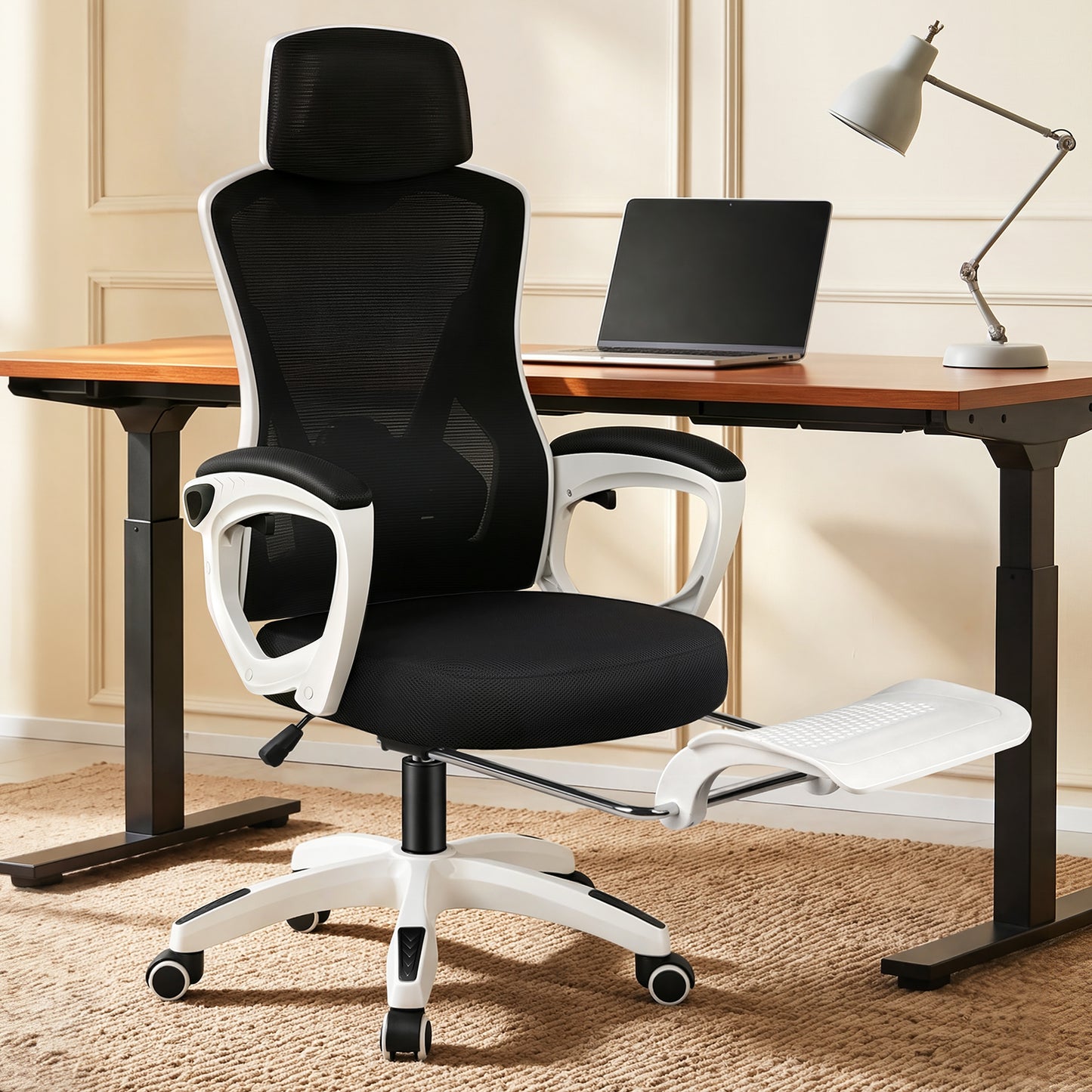 ELFORDSON Mesh Office Chair Racing Executive Fabric Seat Recliner White and Black