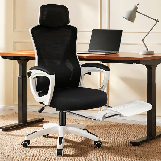 ELFORDSON Mesh Office Chair Racing Executive Fabric Seat Recliner White and Black